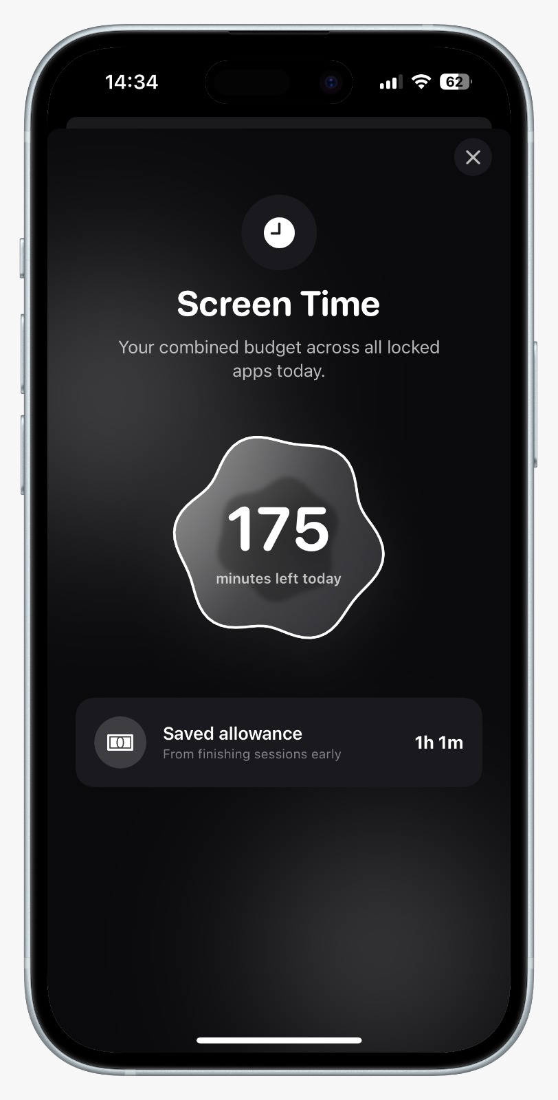 Otama Screen Time view showing 175 minutes left today and saved allowance